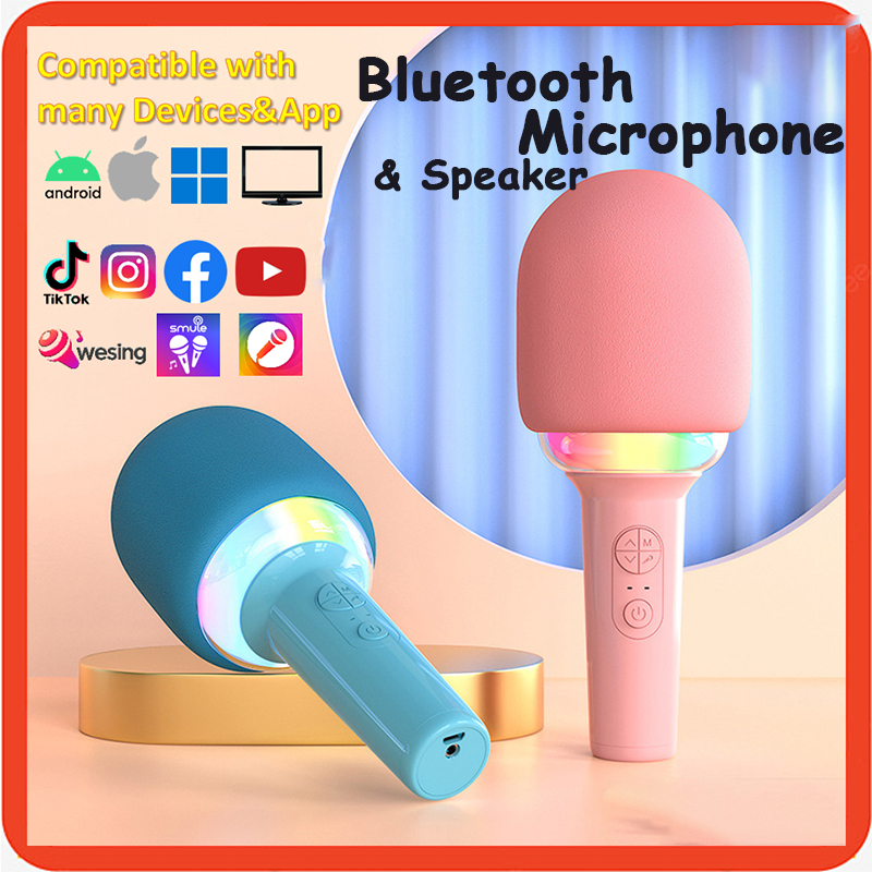 [Bisa COD] L8 Wireless Karaoke Microphone dan lampu RGB Bluetooth Microphone Voice Changing High Quality Speaker KTV Mikrofon