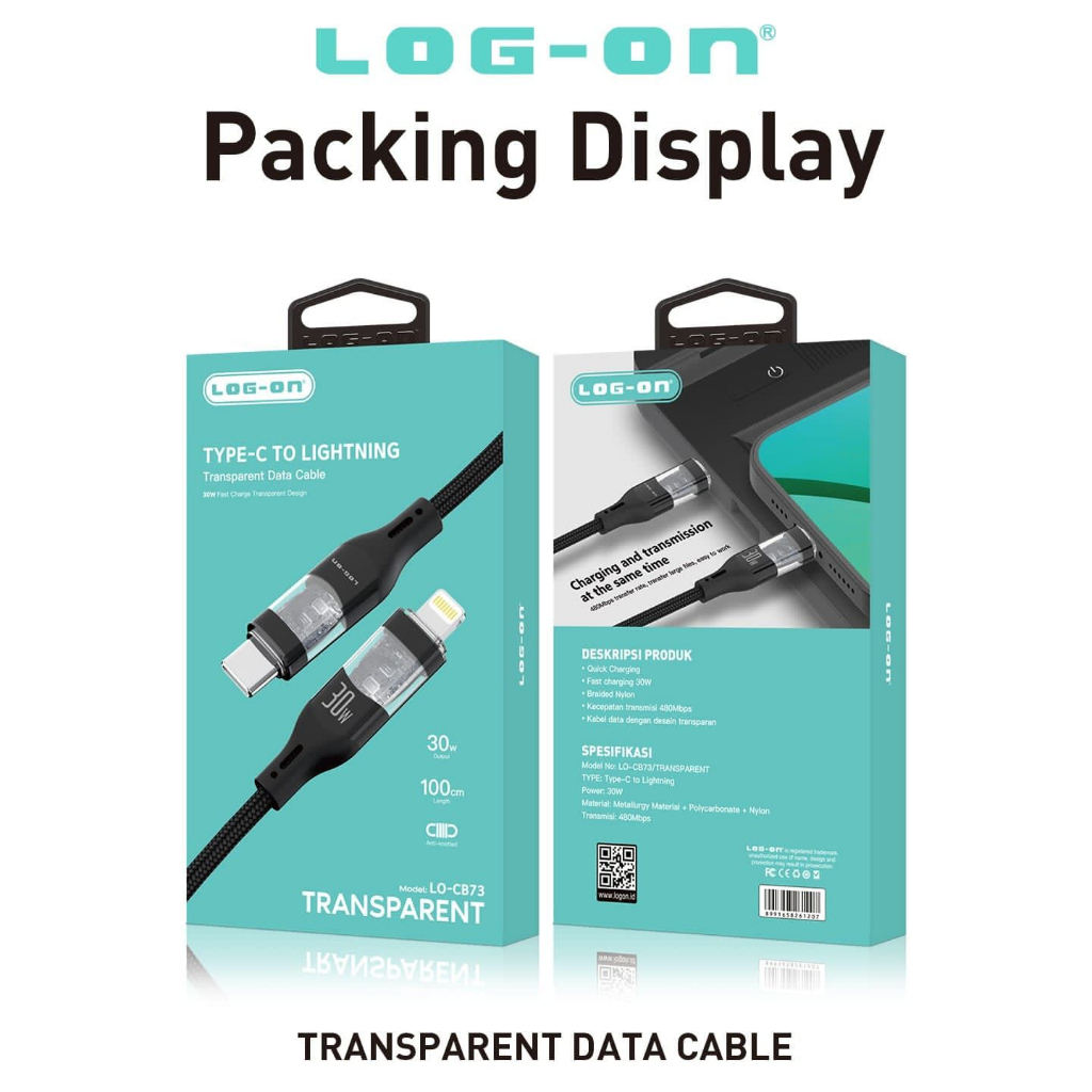 LOG-ON KABEL DATA C TO C DAN C TO IPHONE FULL IC TRANSPARENT LO-CB73 65W 30W MAX 1METER ORIGINAL SUPPORT IPHONE DAN ANDROID BY.SULTAN