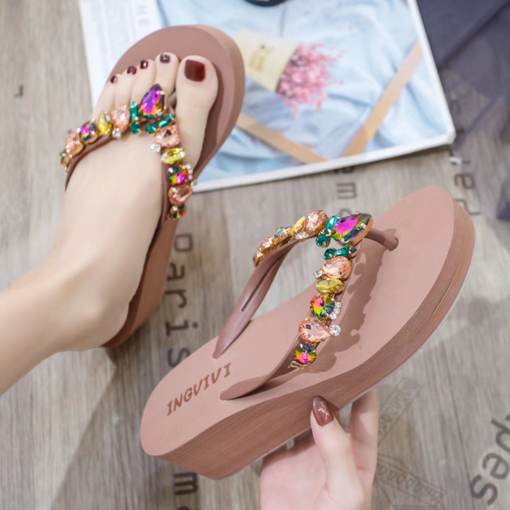 TERMURAH Sendal Ingvivi Wedges Jepit 160-5 / Sandal Ingvv Swarovsky Wedge Permata /  Spon Flip 5cm