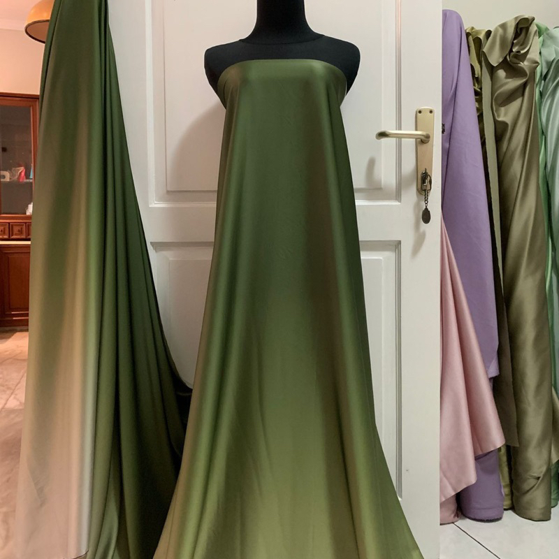 Bahan Kain Satin Armani asikk Gradasi Ombre Gradient 2 tone Warna Army sage