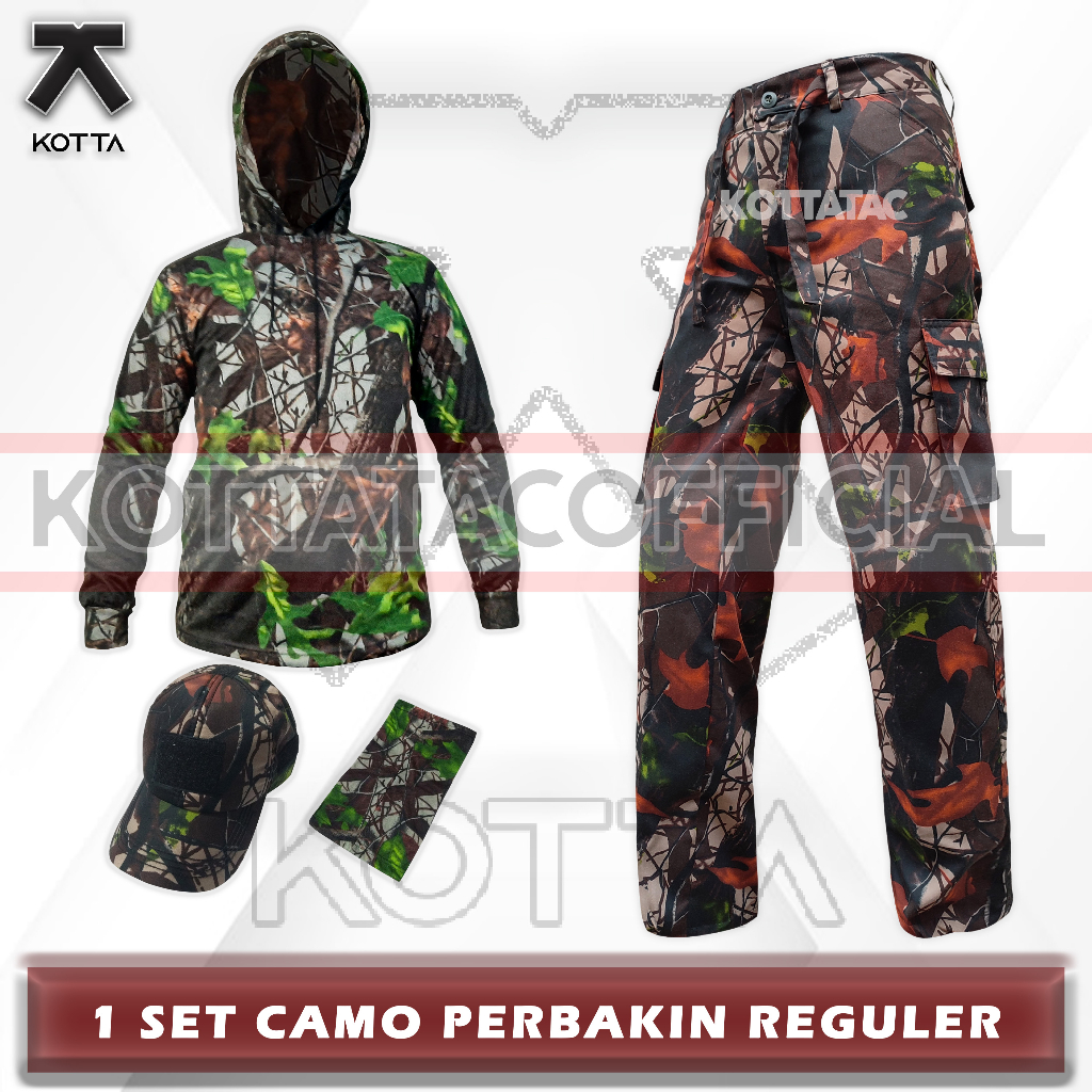 SATU SET SETELAN BAJU KAOS HOODIE CELANA TOPI KAMUFLASE CAMO PERBAKIN HUNTING BERBURU