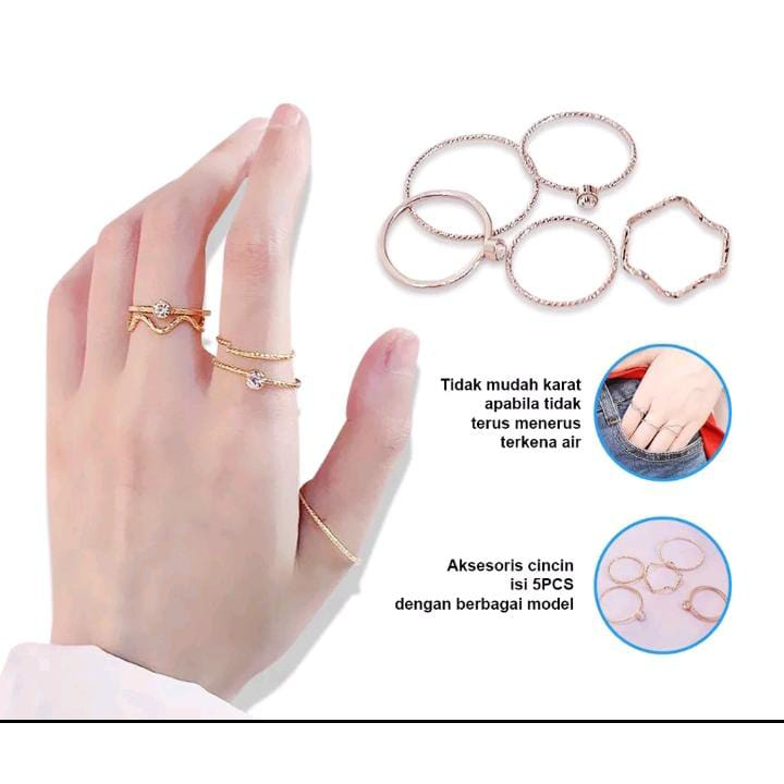 CINCIN PERAK WANITA 5PCS FASHION AKSESORIS CINCIN MANIS DIJARI