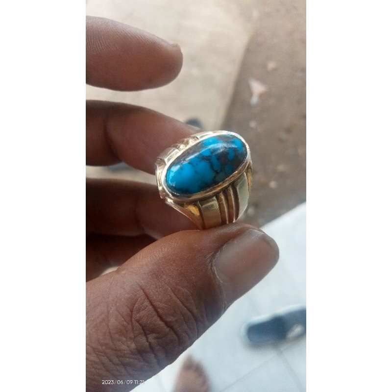 Cincin batu pirus Persia biru pancy asli ring perak handmade