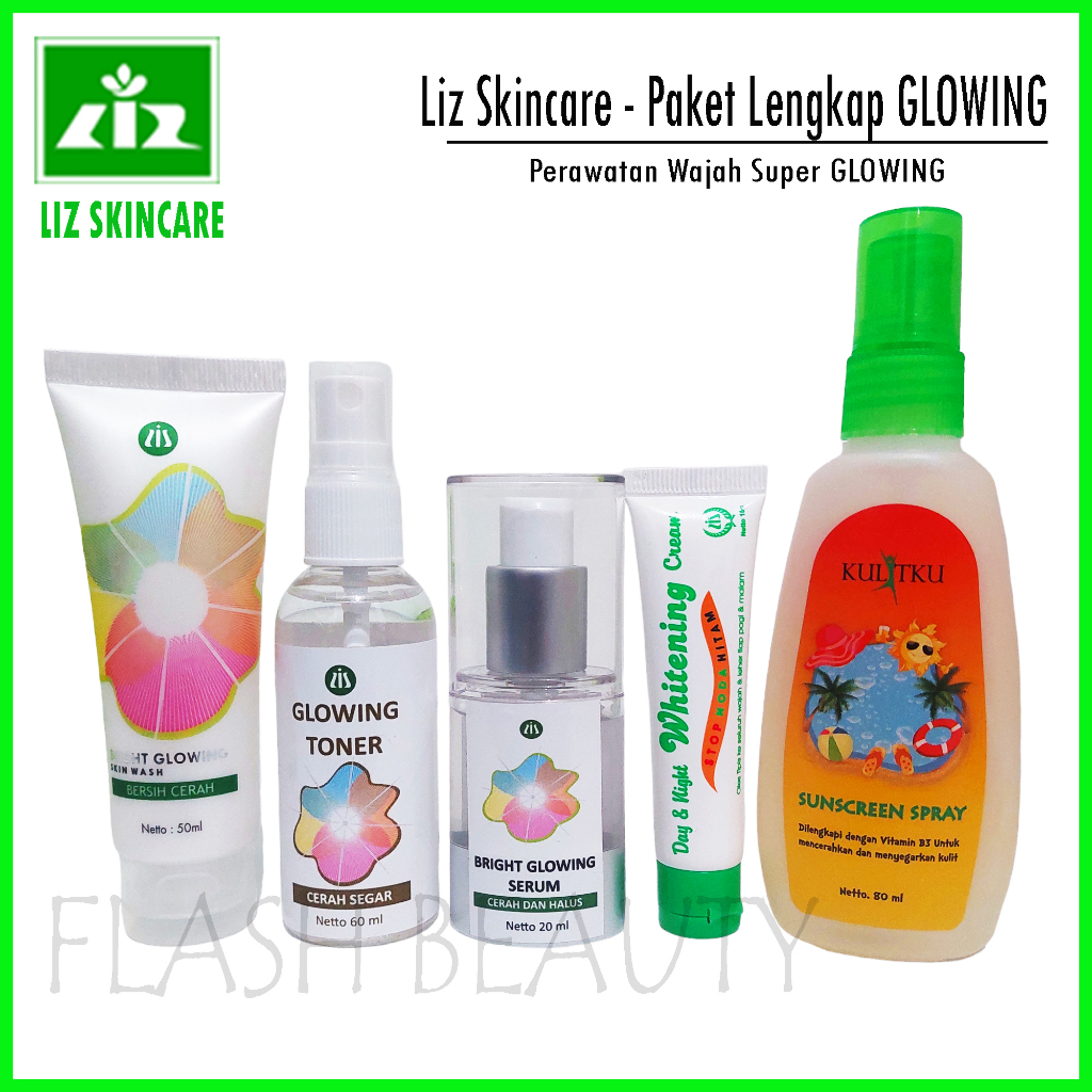 Liz Skincare Paket Lengkap Glowing ( Facial Wash + Glowing Toner +Glowing Serum + Day/Night Cream + Sunscreen )