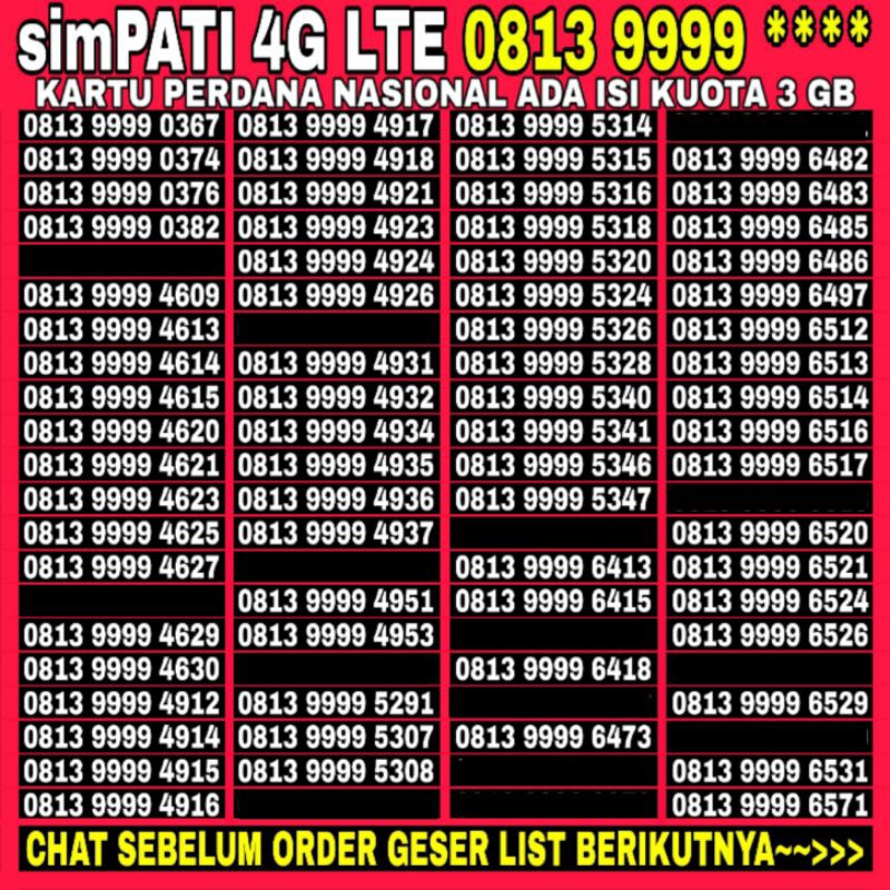 Nomor Cantik BAHAN Combo Sakti Telkomsel simpati 4G LTE seri kuartet 1000 - 2000 - 8888 - 9999 - 80000