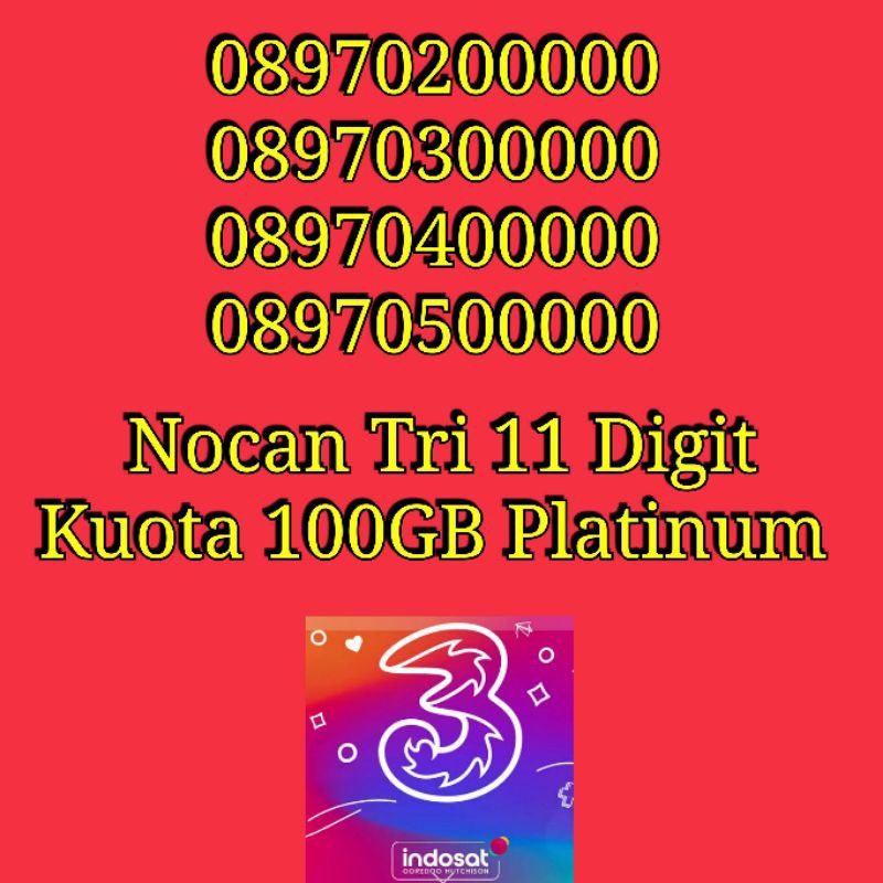 Nomor Cantik Nocan 11 Digit Panca 0 Kartu Perdana Tri Three 4G LTE Kuota 100GB Platinum