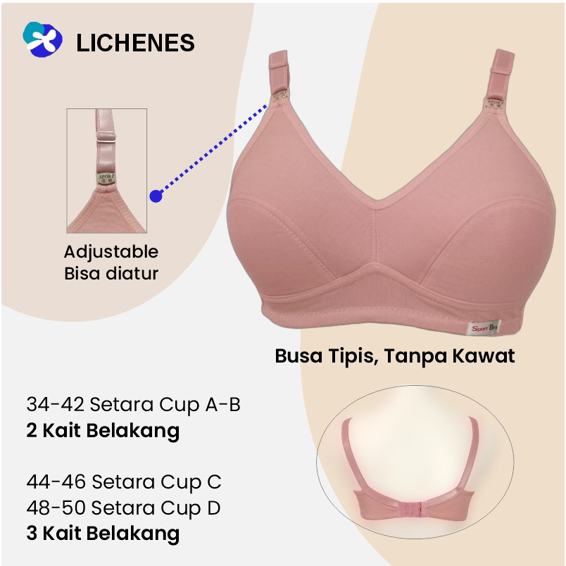 LICHENES - (3 Pcs) Bra Sport 34-50 Busa Tipis Tanpa Kawat BH DEWASA