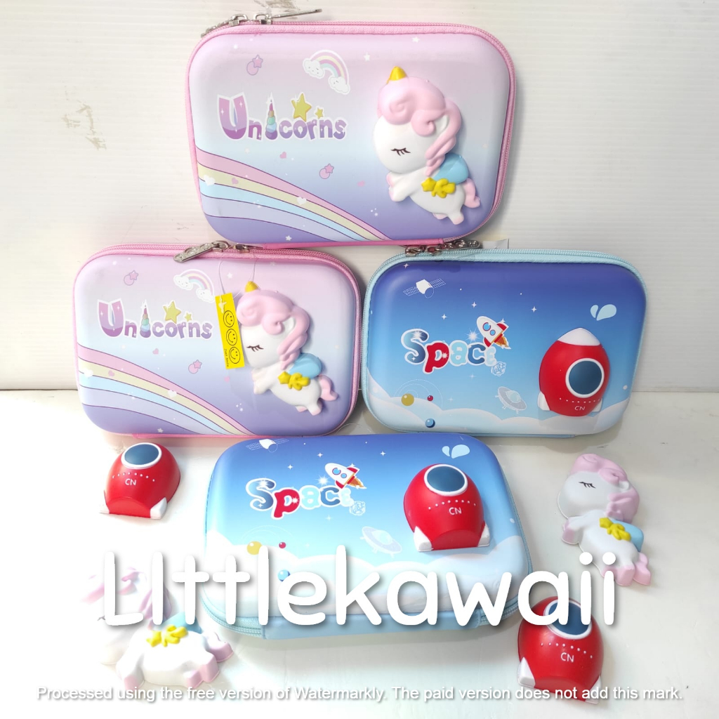 LK/Tempat Kotak Pensil Anak Sekolah Pencil Case Hardcase Timbul Squishy Squizee Unicorn Astronot Import