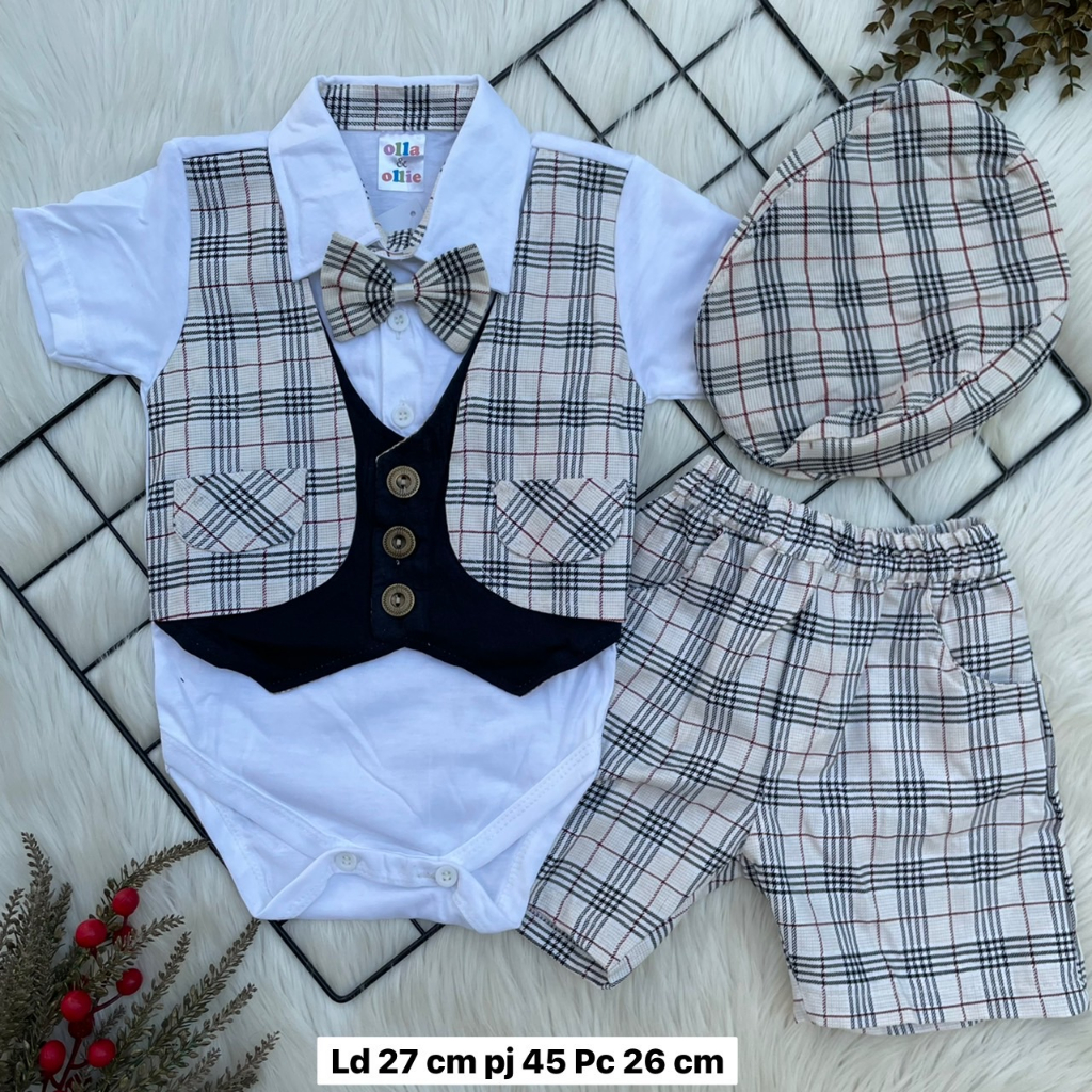 Baju Bayi Laki laki Setelan Jumper celana topi motif kotak ootd