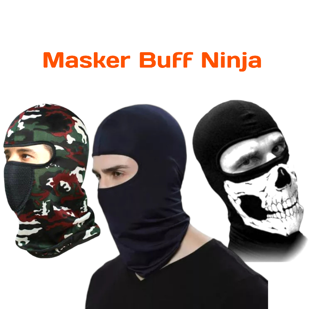 Masker Baf Ninja Full Face Balaclava Masker Baff Motor Hitam Polos, Army, dan Tengkorak
