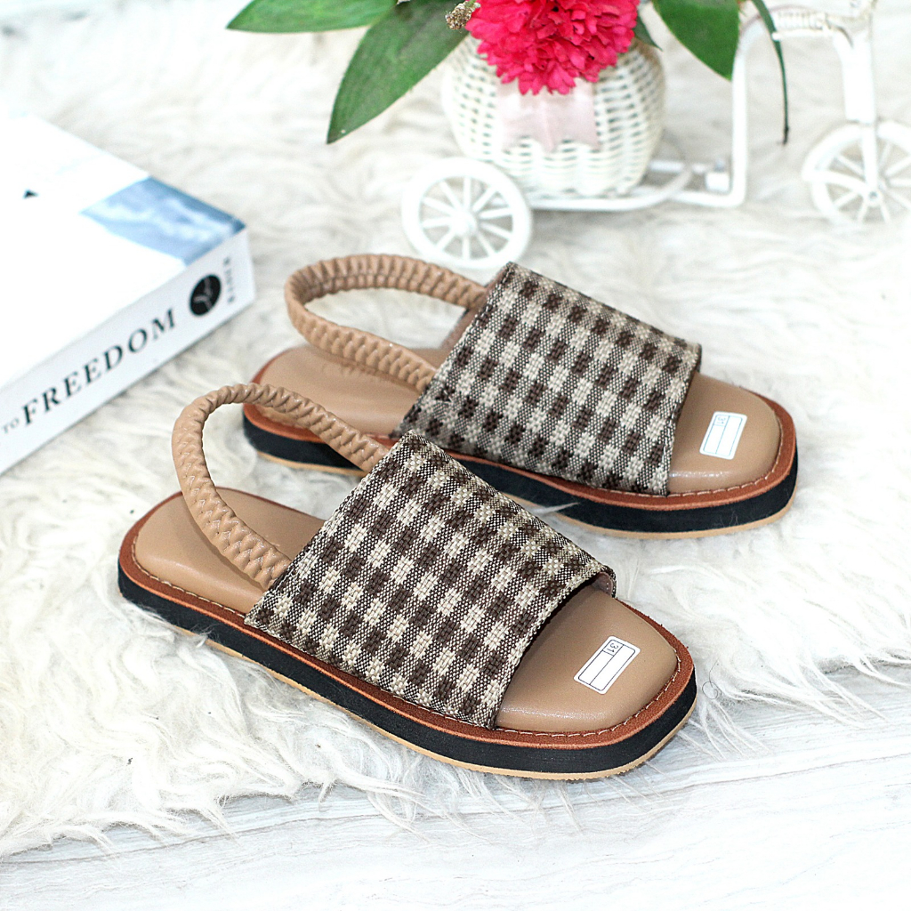 Sandal anak selop flat tali belakang motif kotak kotak - VALERY KIDS