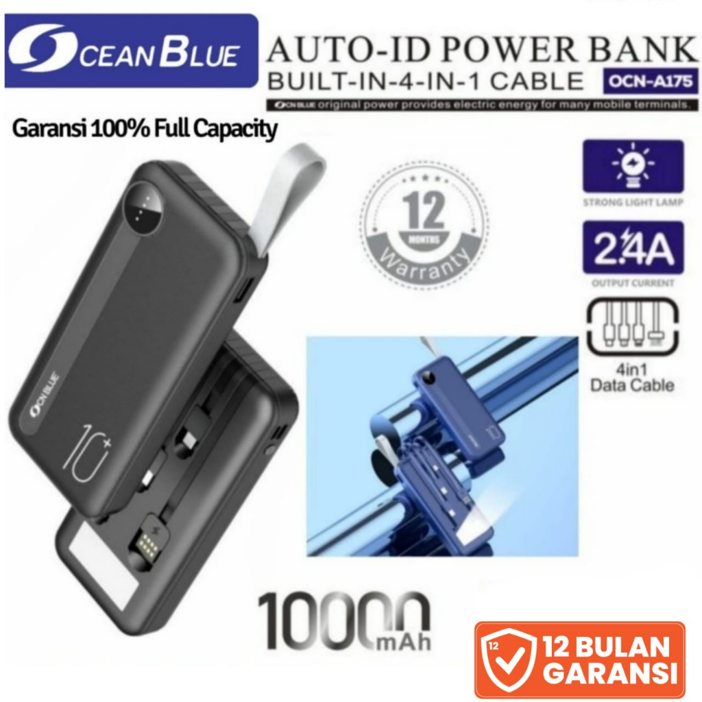 Ocean Blue OCN A175 Power Bank 10000mAh Cable USB 2.4A Micro Type C Powerbank 4 In 1 Portable Fast Charging