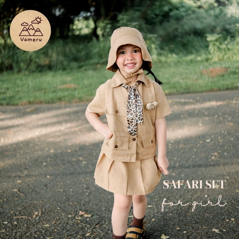 VAMERU - BAJU SAFARI ROK ANAK PEREMPUAN SET LINEN FREE TOPI ZOO KEEPER CAMPING VAMERU