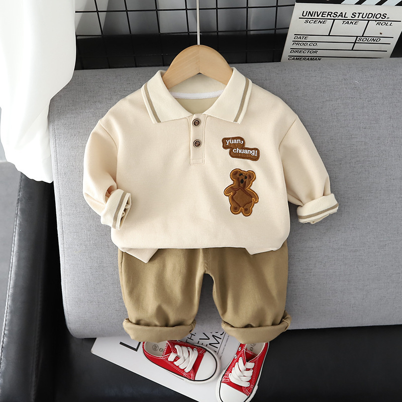 baju setelan anak lakilaki usia 6 bulan - 5 tahun motif beruang cream dan putih keren import premium pakaian anak