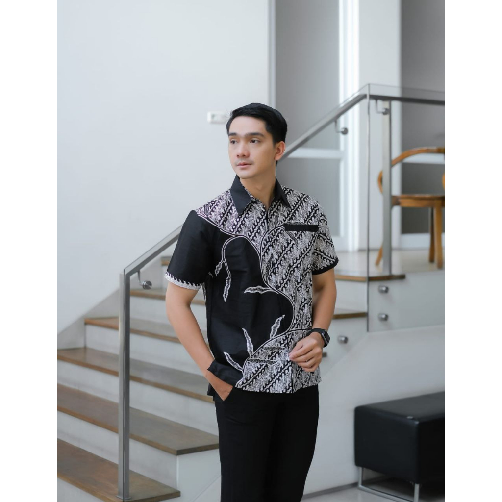 BAJU BATIK PRIA ABADI HEM KEMEJA BATIK HITAM MANIS SOGAN HALUS LENGAN PENDEK