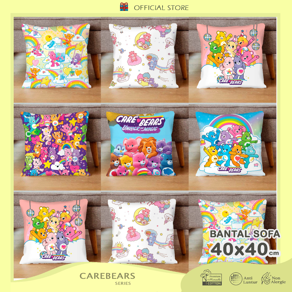 Bantal Sofa Print Motif Carebears Care Bears Teddy Bear Cheer Wish Love a Lot  40x40 cm - Pusat Kado Murah