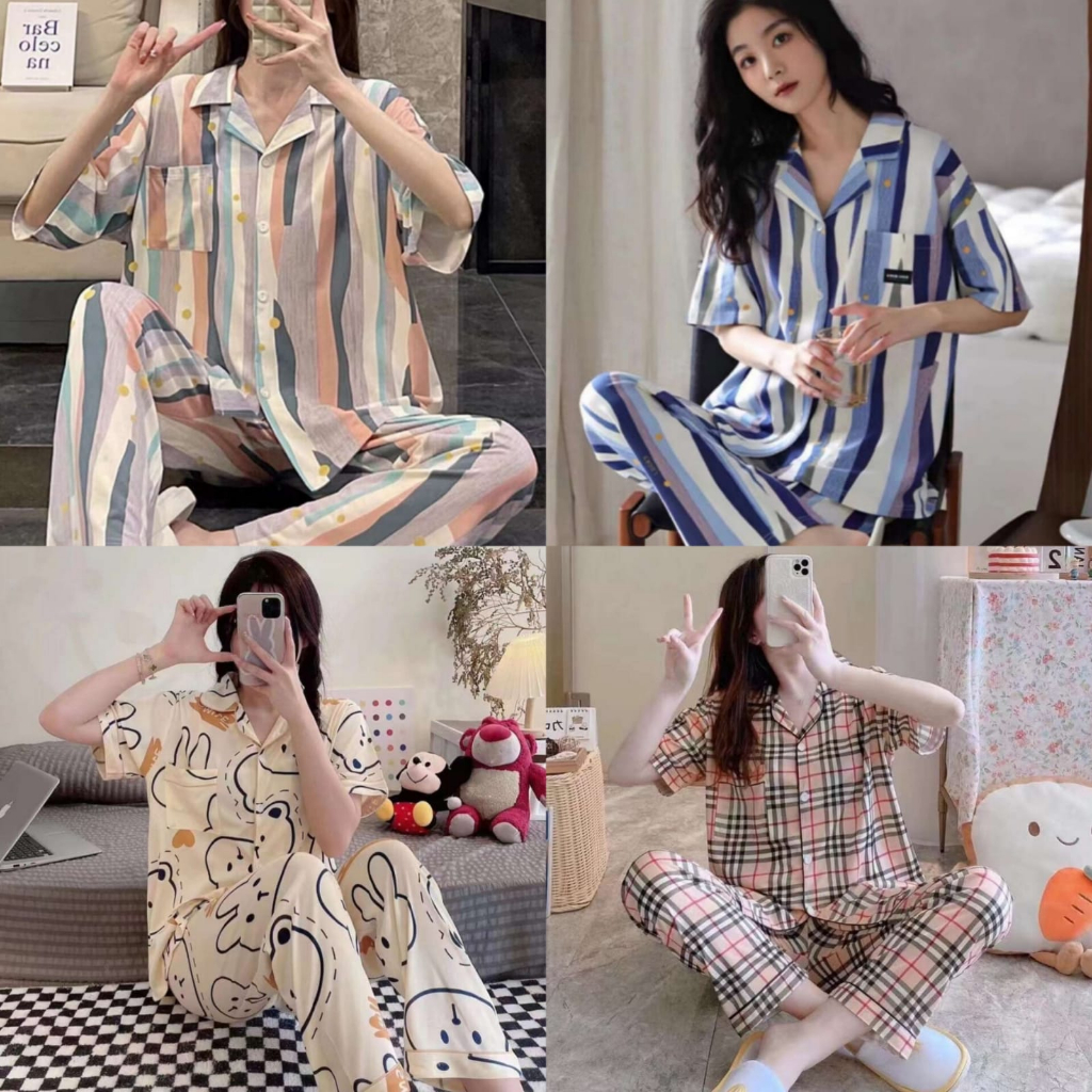 BAJU TIDUR PIYAMA CP PP IMPORT WANITA LENGAN PENDEK CELANA PANJANG KEMEJA MASA KINI