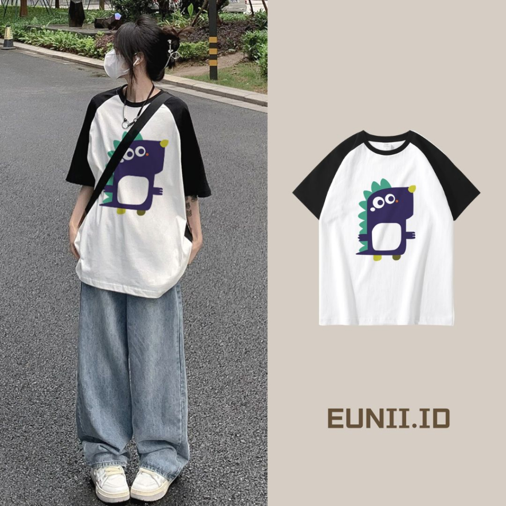 EUNII T-shirt Lengan Pendek Cute Little Dinosaur Korean Style/Kaos Atasan Wanita/Baju Kaus Oversize Wanita/Kaos Wanita