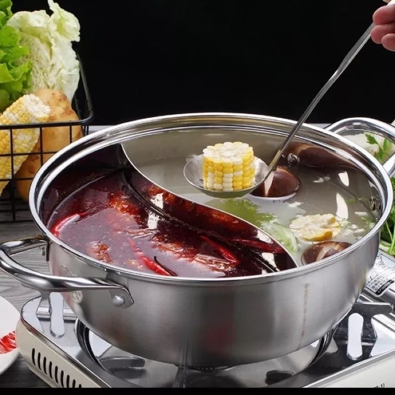 Panci Shabu-Shabu 2 Sekat Tutup Kaca 30cm Omicko / Panci Shabu Shabu Suki Pan Sekat 2 Stainless Steel Hot Pot