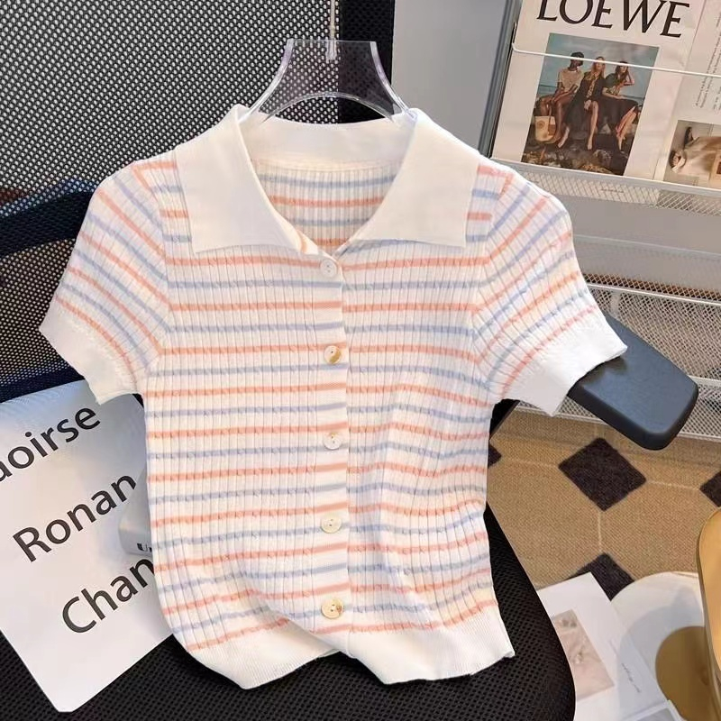 Chane Polo Stripes Knit Import - Atasan Baju Wanita Kerah Rajut Import - TM (23252)