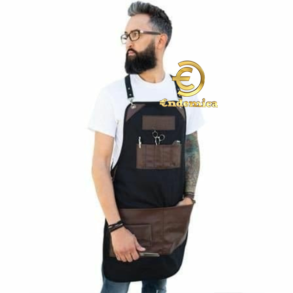 Apron Barbershop Celemek Cukur rambut Apron Barista Celemek Cafe kanvas waterpellen 100% &amp; Pu kulit pocket X strep include bordir logo