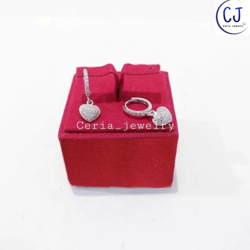 Anting Perak Asli Silver 925 Lapis Emas Putih Model Jepit Bulat Permata Love Daun Bulat - Anting Anti Karat - Anting Perak Wanita Dewasa