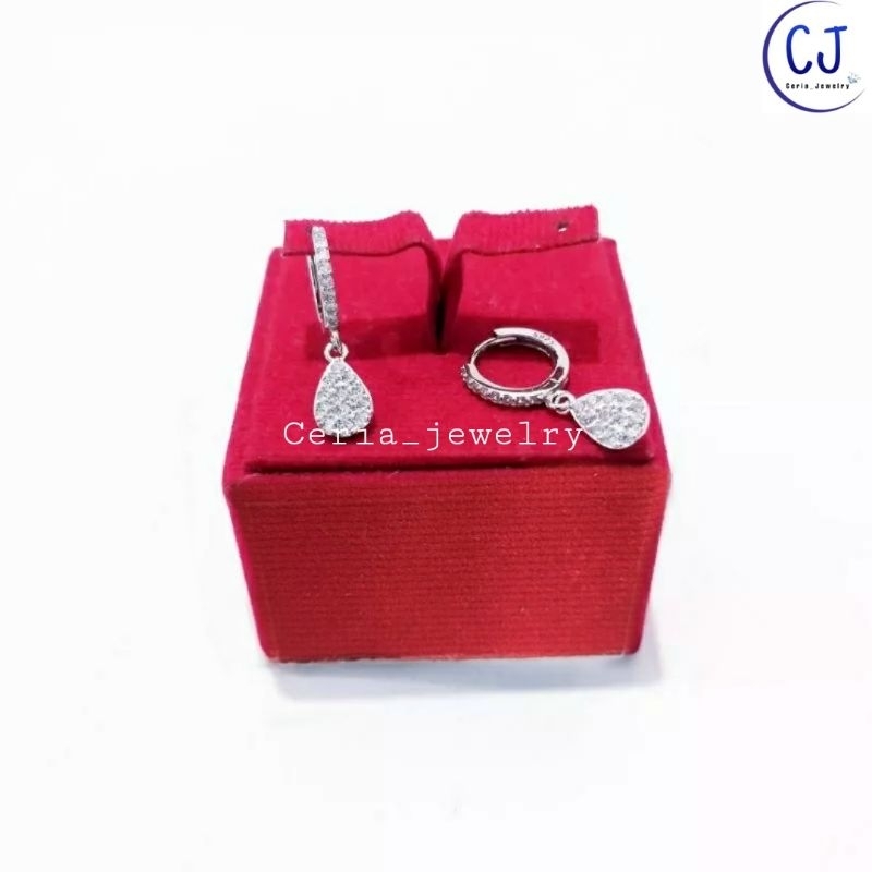 Anting Perak Asli Silver 925 Lapis Emas Putih Model Jepit Bulat Permata Love Daun Bulat - Anting Anti Karat - Anting Perak Wanita Dewasa