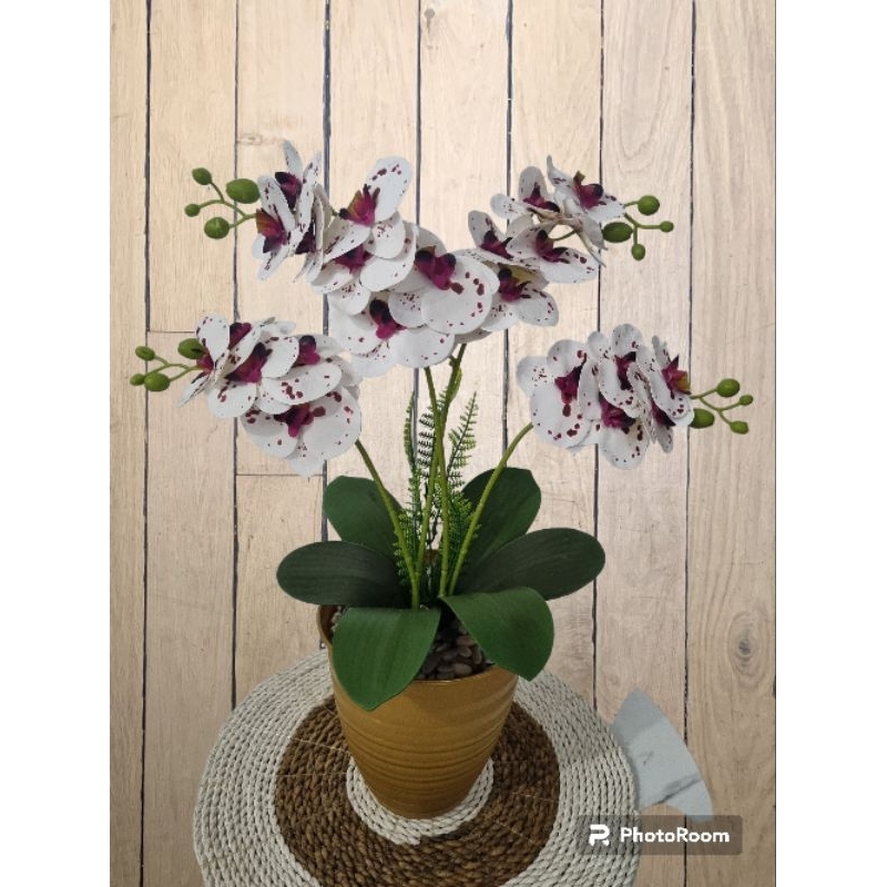 Bunga anggrek 4 cabang vas gold