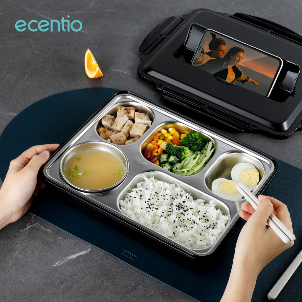 ecentio Kotak Makan set 304 Stainless Steel 4/5 Sekat Tempat Makan Tahan Suhu 1L/1.2L/Free sendok&amp;Sumpit Lunch Box