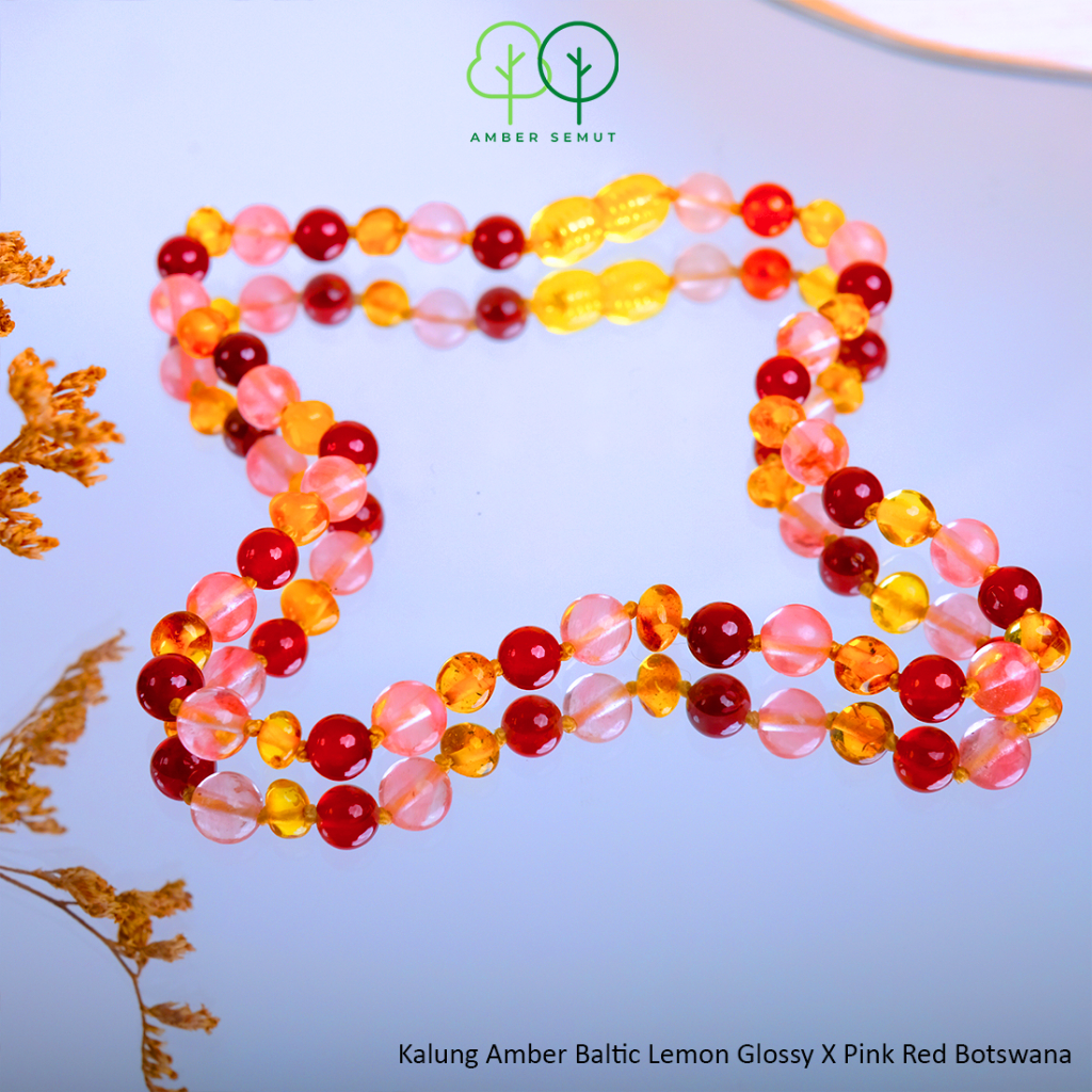 PROMO FREE GELANG - Kalung Amber Baltic Bayi, Balita dan Anak Lemon Glossy x Pink Red Rubby by AMBER SEMUT