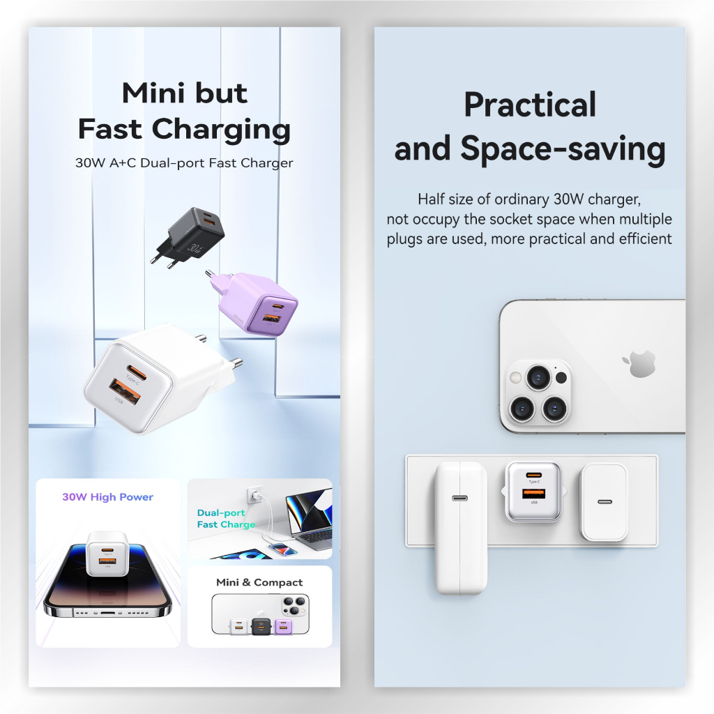 USAMS X-ron Adapter Fast Charger Dual Port PD30W+QC30