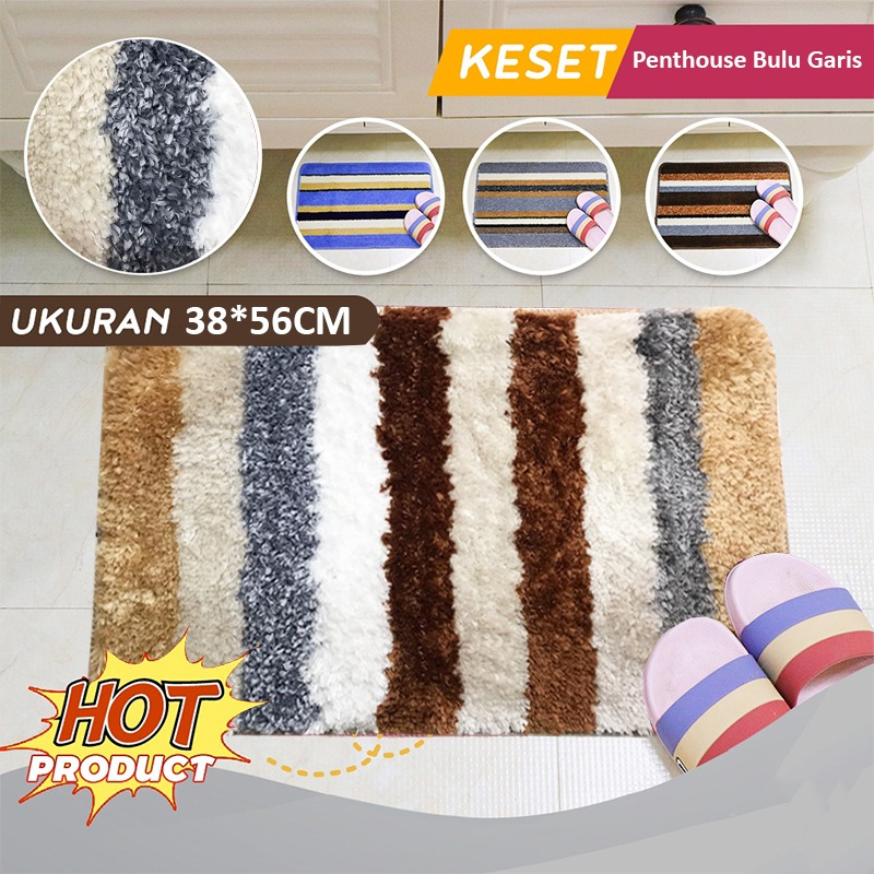 Keset Kaki Bulu Bludru Motif Garis 38 x 56cm | Keset Kamar Keset Ruang Tamu Anti Slip Minimalis