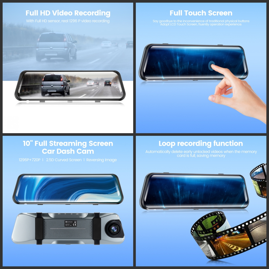 ⚡kamera mundur gratis⚡GEARELEC D10  Dash Cam Car DVR Camera 10 inch Touch Screen Rearview Mirror Full HD 1296P G-Sensor Motion Detection Loop RecordingNight Vision Stream Media