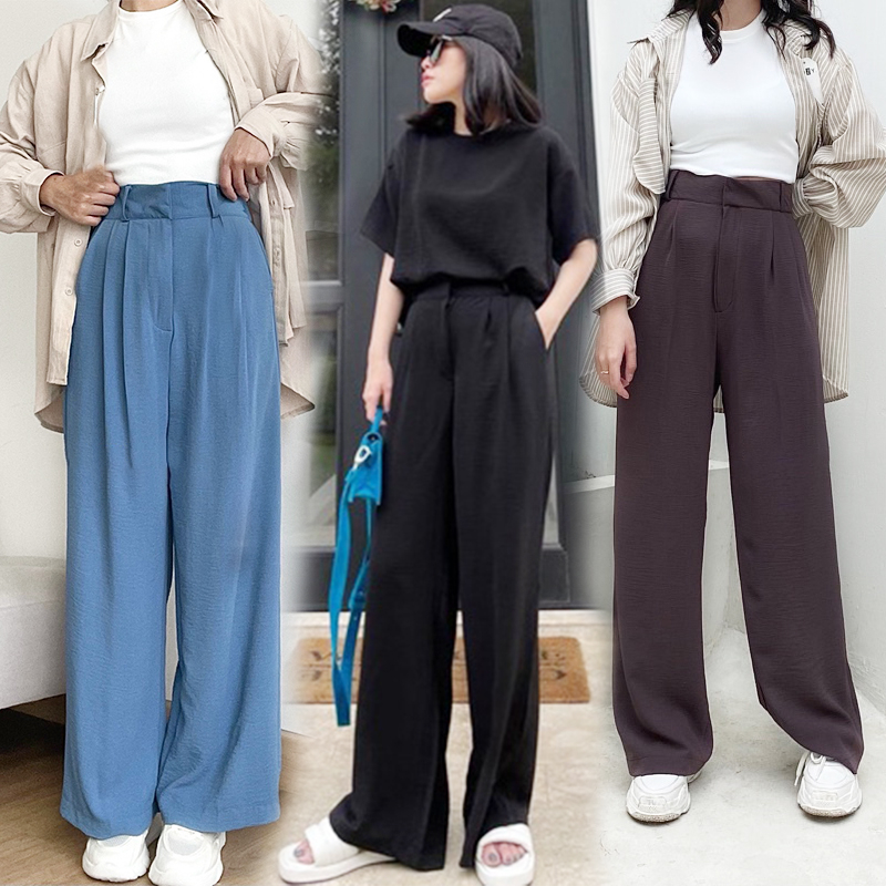 Loose Pants Highwaist Celana Kulot Polos Bahan Premium Crinkle Airflow