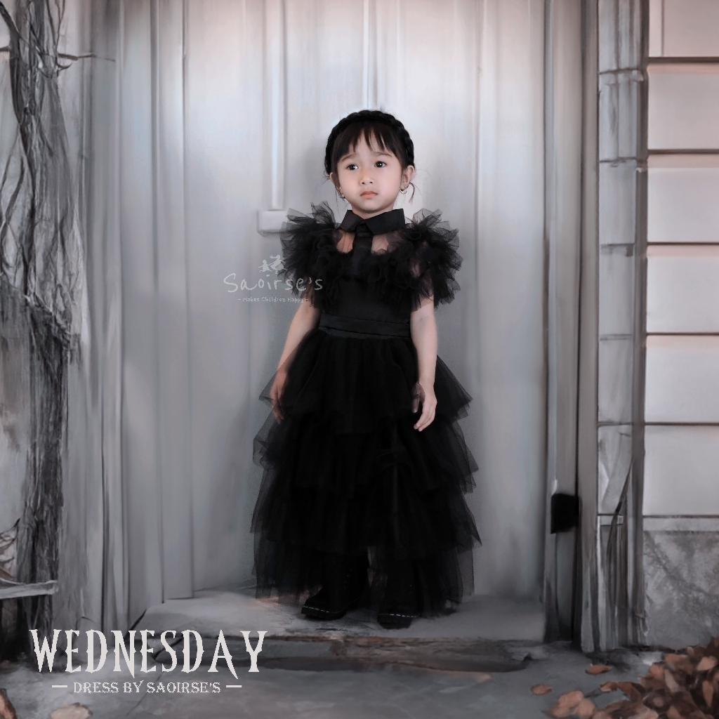 Saoirse's Wednesday Dress - Dress hitam tulle kostum anak balita - gaun cosplay prom addams