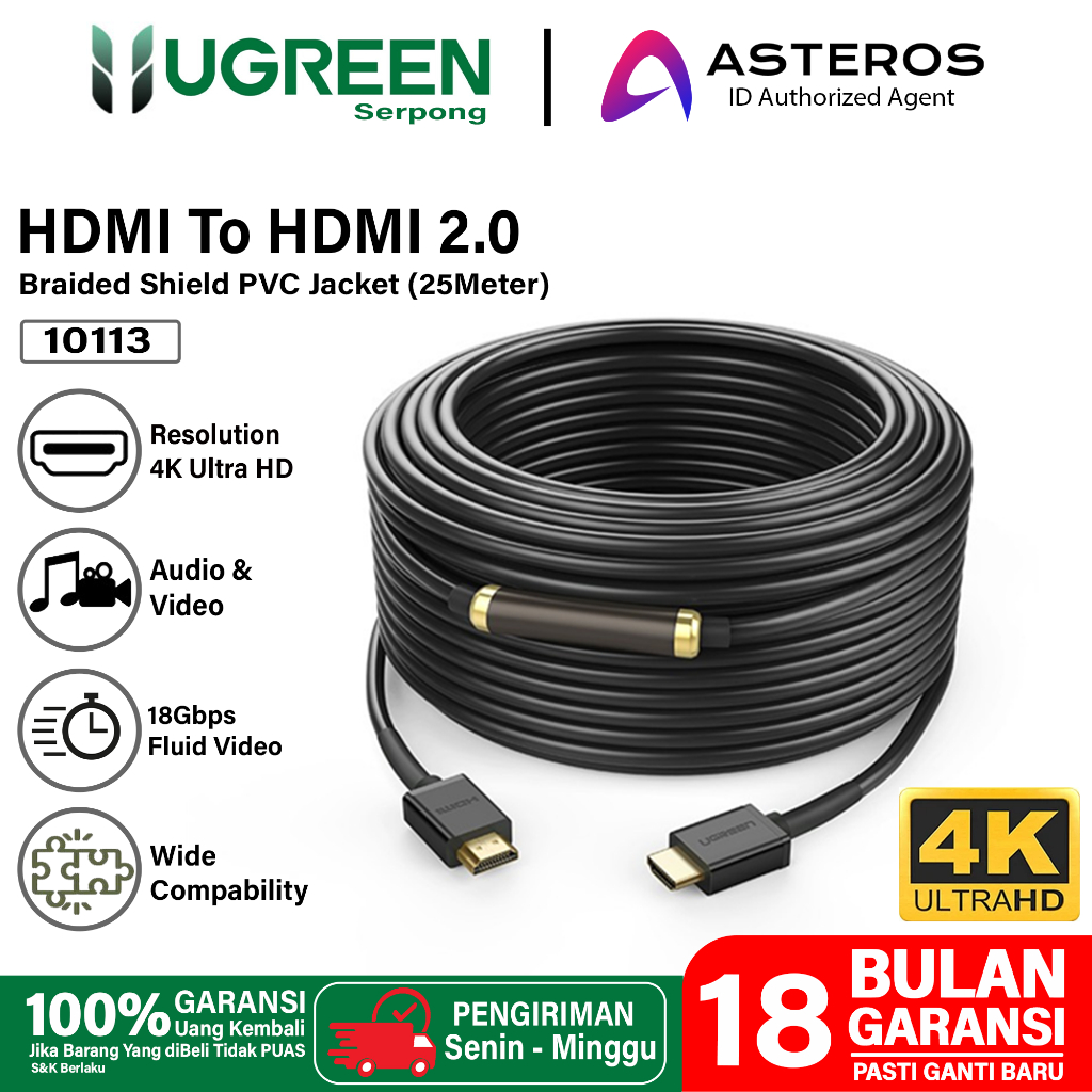 UGREEN Kabel HDMI 2.0 Male To Male 25m 4K 3D For Structure Cabling HDTV LCD Projector