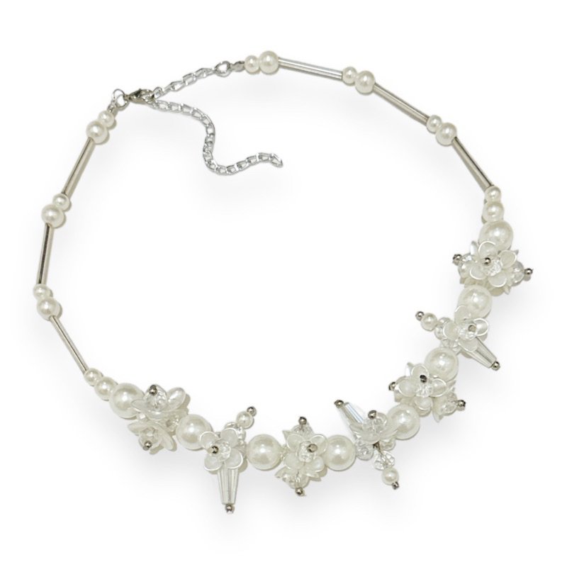 Ginela Crystal Pearl Flowery Necklace Kalung Bunga Kristal Mutiara Korea Hijab Friendly Kalung Panjang