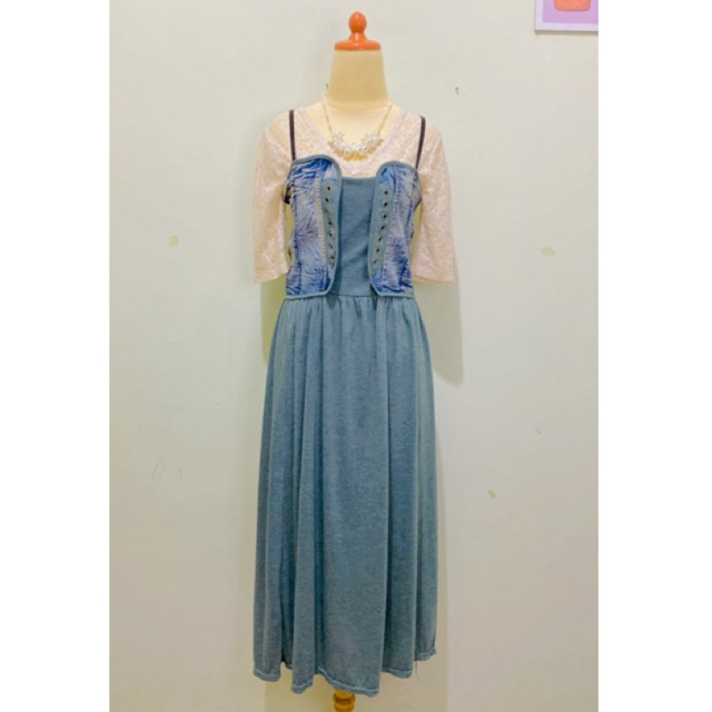 Dress One Set motif polos pita bahan kaos mix denim jeans warna hijau sage green kombinasi blouse br