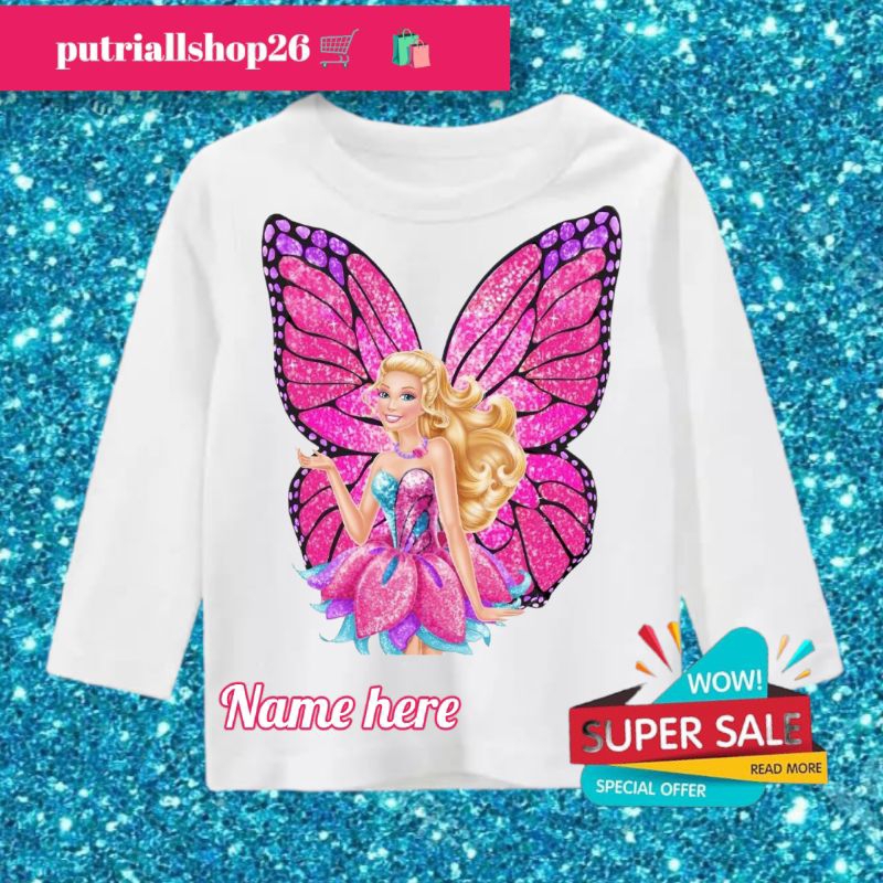 Baju kaos t shirt anak perempuan katun sablon dtf motif Barbie mariposa