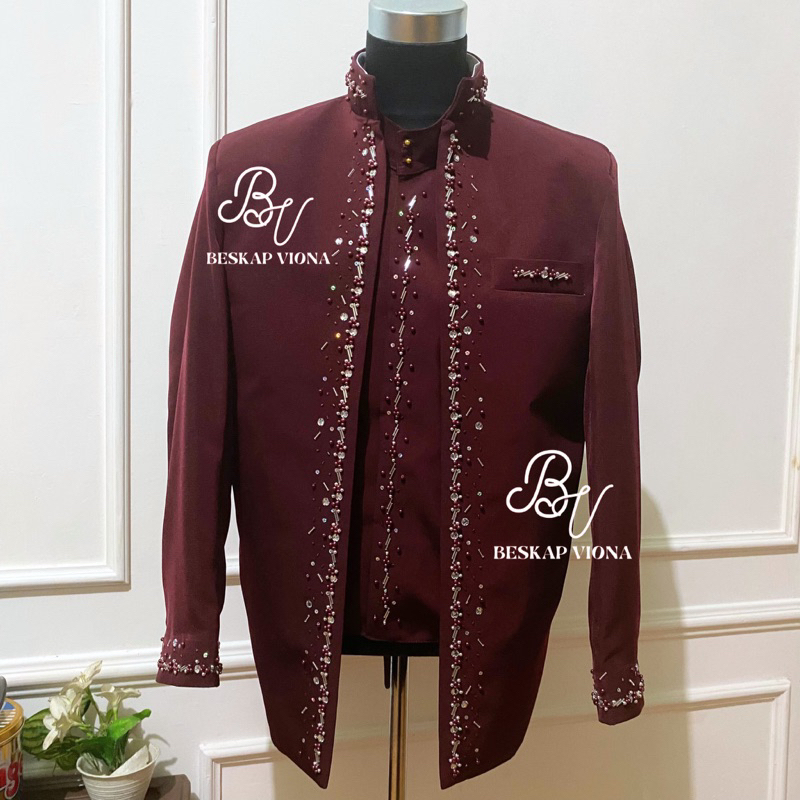 [Beskap Viona] Beskap Sunda Satu Set Warna Maroon Gelap