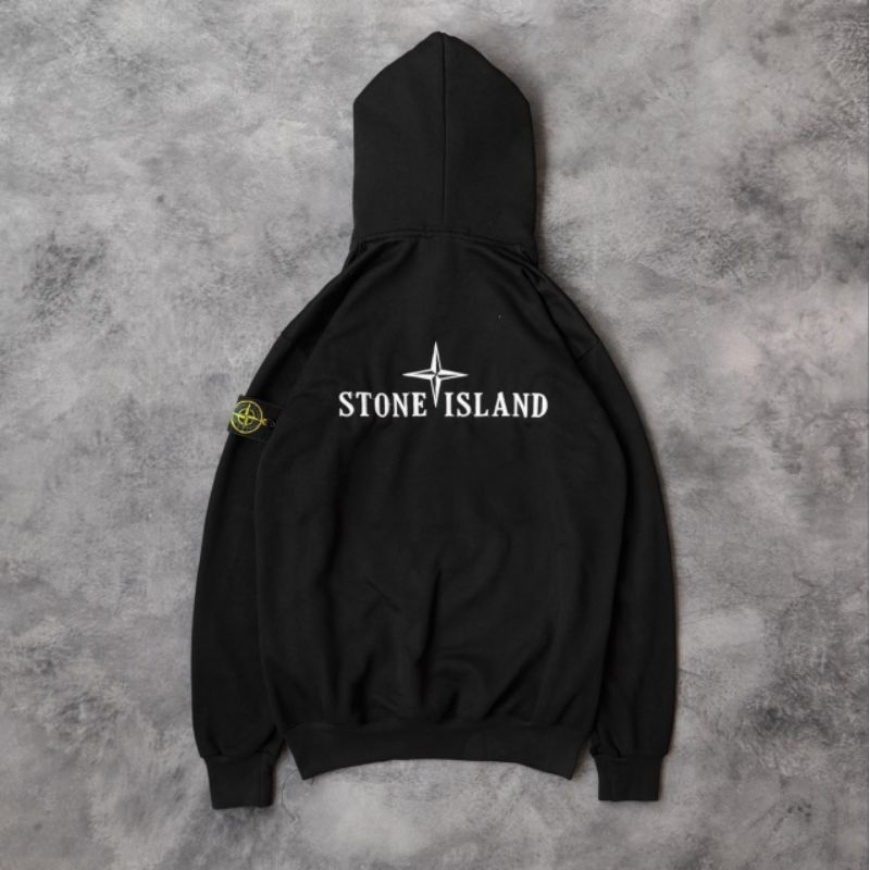 HOODIE JAKET SWEATER STONE ISLAND FLOCKING HITAM FULLTAG &amp; LABEL