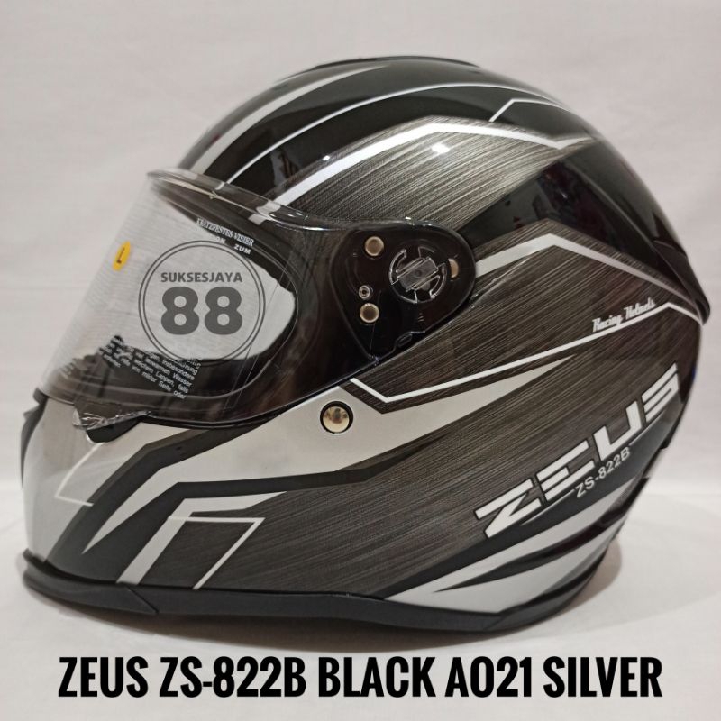 Zeus ZS-822B Black AO21 Silver Helm Full Face Flat Single Visor ZS822B ZS-822