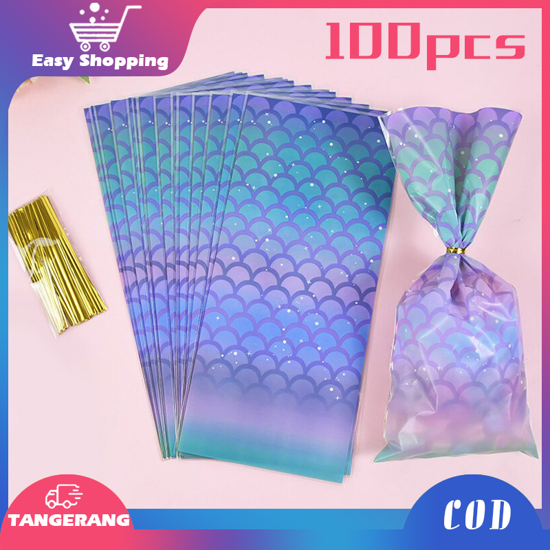 100pcs Mermaid Tas Bingkisan Goodie Bag Mermaid Kantong Kemasan Permen Cookies Bag