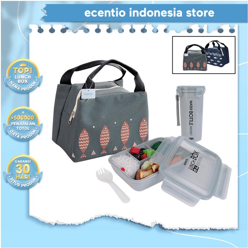 ecentio Lunch Box Set 4 Grid Anti Tumpah Dan Tas/Kotak Bekal Makan Botol Minum Free Sendok Tempat Makan Lucu Bag BPA free