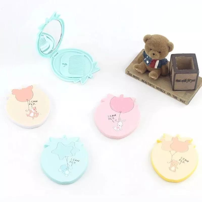 ✿ELYSABETHME✿ Cermin lipat + sisir mini bentuk boneka lucu aksesoris imut