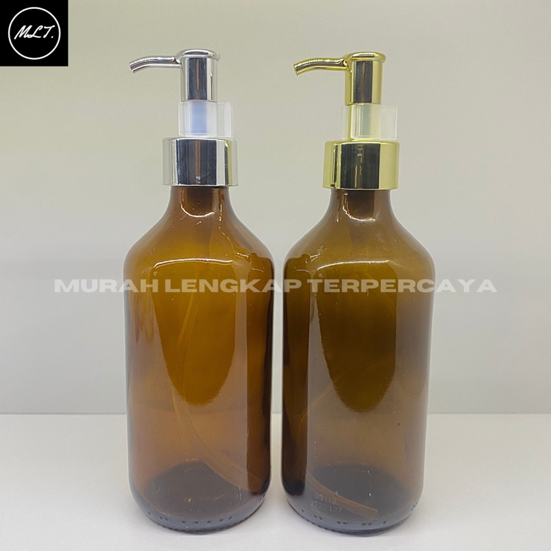 BOTOL KACA 300ML AMBER COKLAT TUTUP PUMP CLIP OIL GOLD SILVER 300 ML