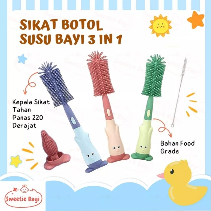 Sikat Botol Susu Bayi 3in1Bahan Silikon Pembersih Dot Anak