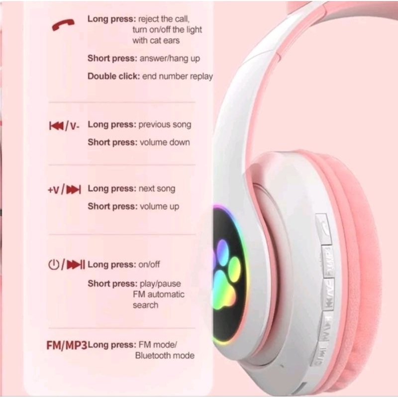 STN-28 Headset Bluetooth RGB LED Wireless Gaming Cat Ear Headphone Telinga Kucing Lucu