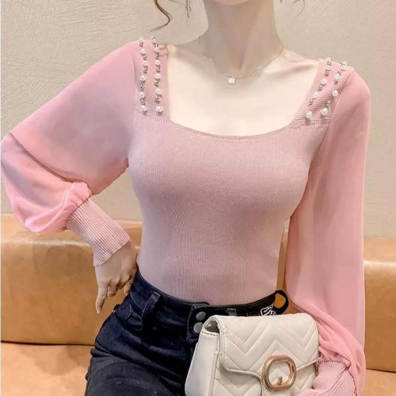 13508 Baju atasan blouse KNIT lengan SIFON panjang hitam pink mocca Korea Korean style wanita import