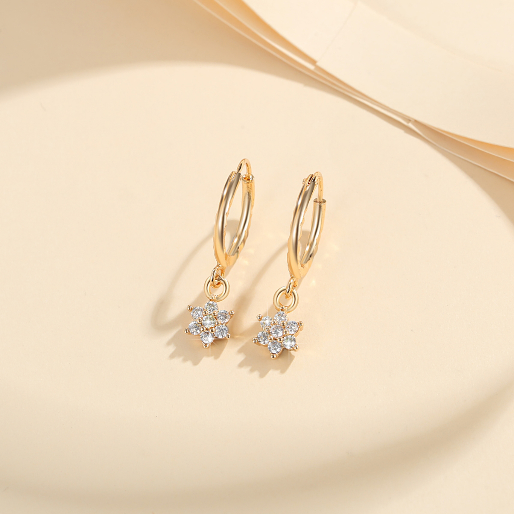 Y181 【Barang spot】Anting Titanium Wanita Mewah Bunga Kristal Lapis Emas Anti Karat 18k Drop Earrings Perhiasan